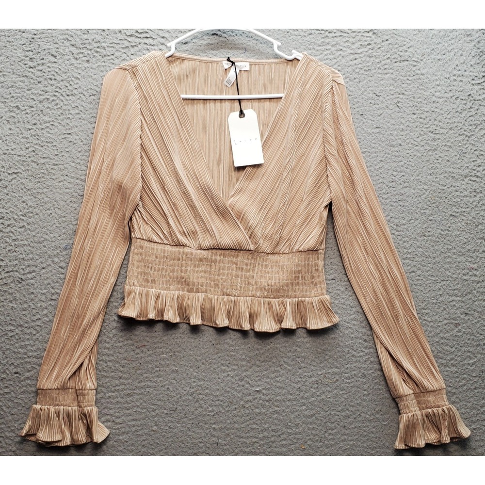 LEITH Cropped Top Women's M Brown Smocked Waist Surplice Neck Ruffled Cuff & Hem